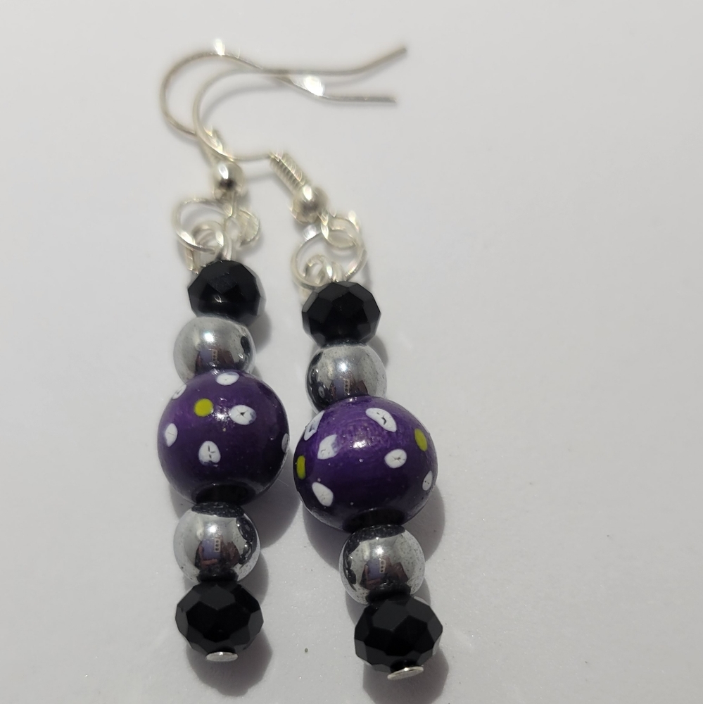 Purple Flower wood bead earrings